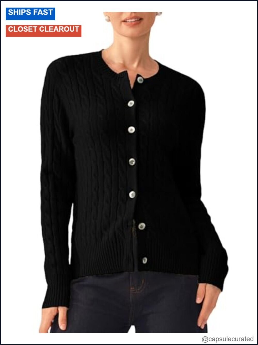 100% Pure Cashmere Cable-Knit Crewneck Button Up Cardigan Sweater